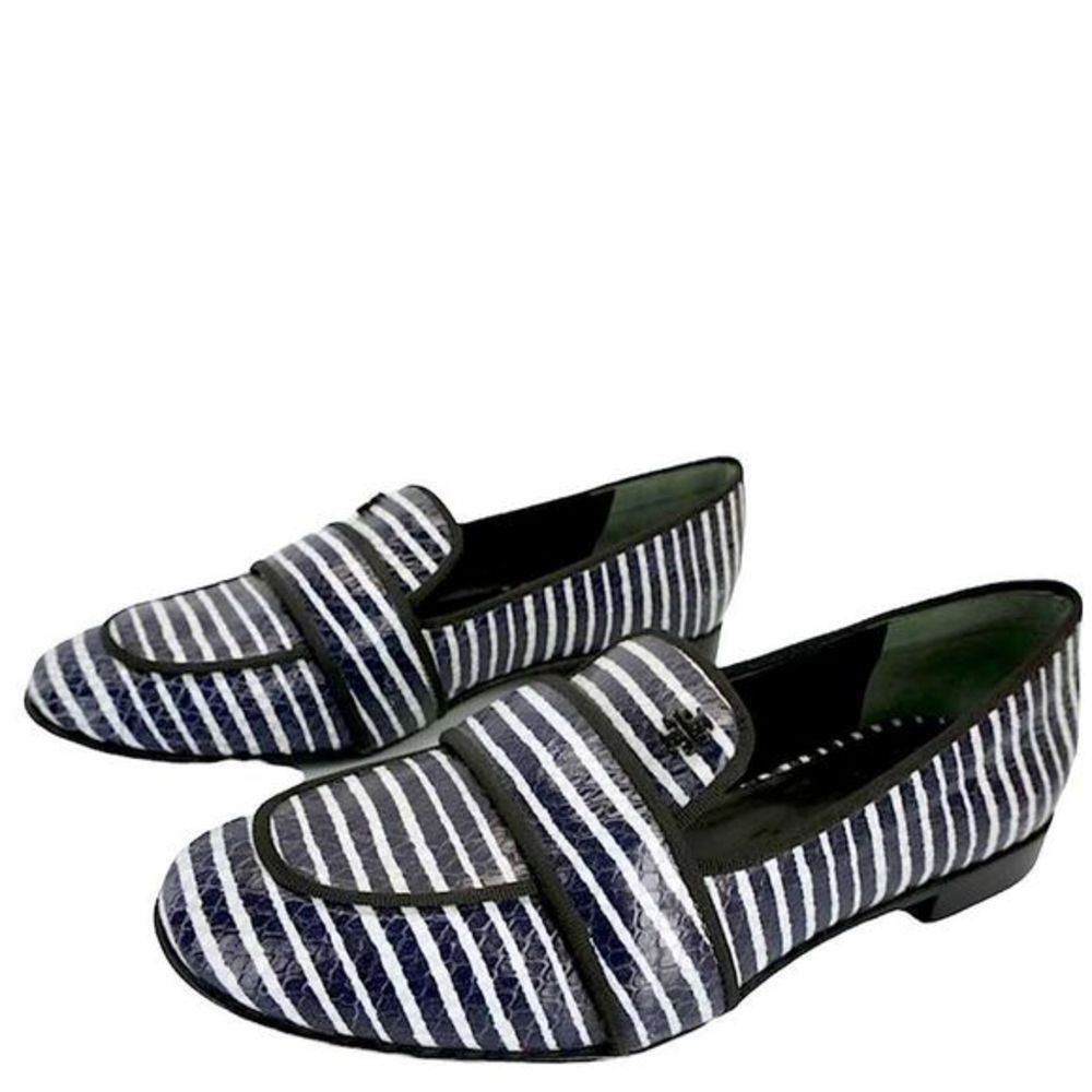 Tory Burch Black Evette Shiny Striped Leather Penny Loafer Flats